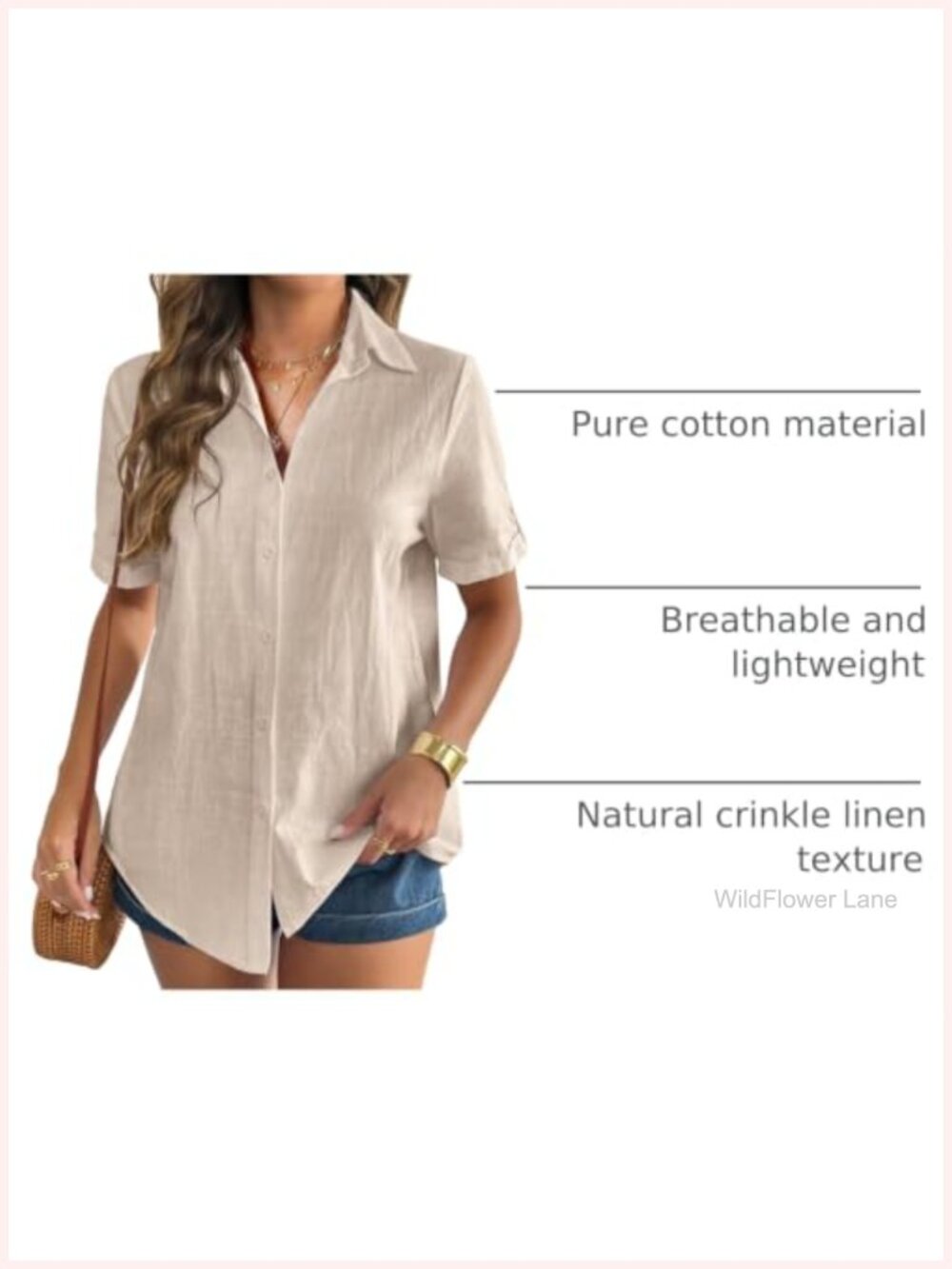 Zeagoo Women Cotton Linen Button Down Shirt Cuffed Short Sleeve V Neck Blouse - Picture 3 of 6